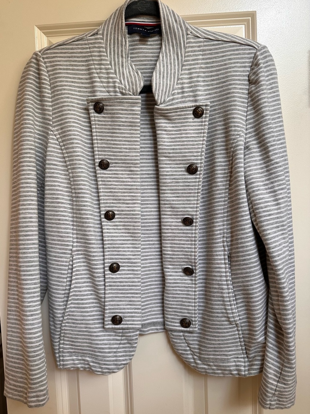 Tommy Hilfiger Women's Cotton Light Gray Striped Military Button Jacket